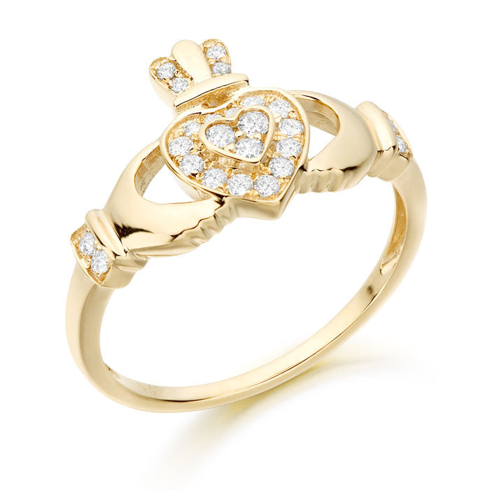 9ct Gold CZ Claddagh Ring with Micro Pave stone setting