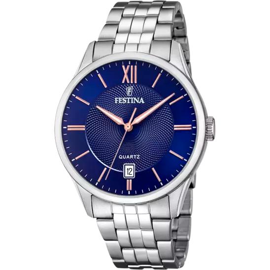 festina watch stell bracelet blue face rose gold numerals