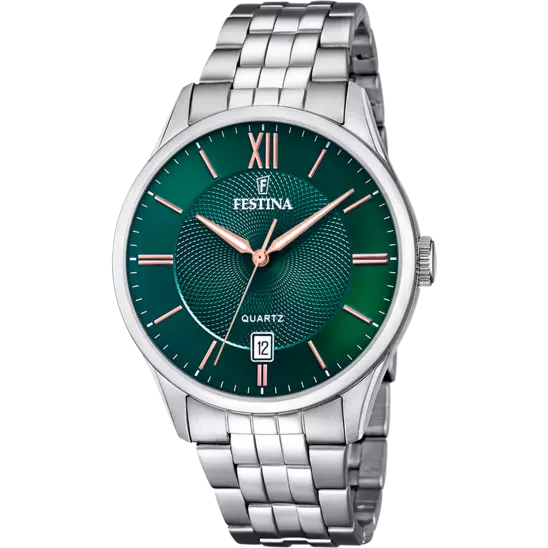 festina steel bracelet green dial rose gold numerals watch