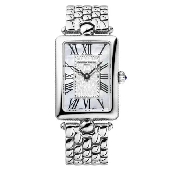 FREDERIQUE CONSTANT ART DECO CARREE LADIES steel bracelet mop dial black numerals WATCH