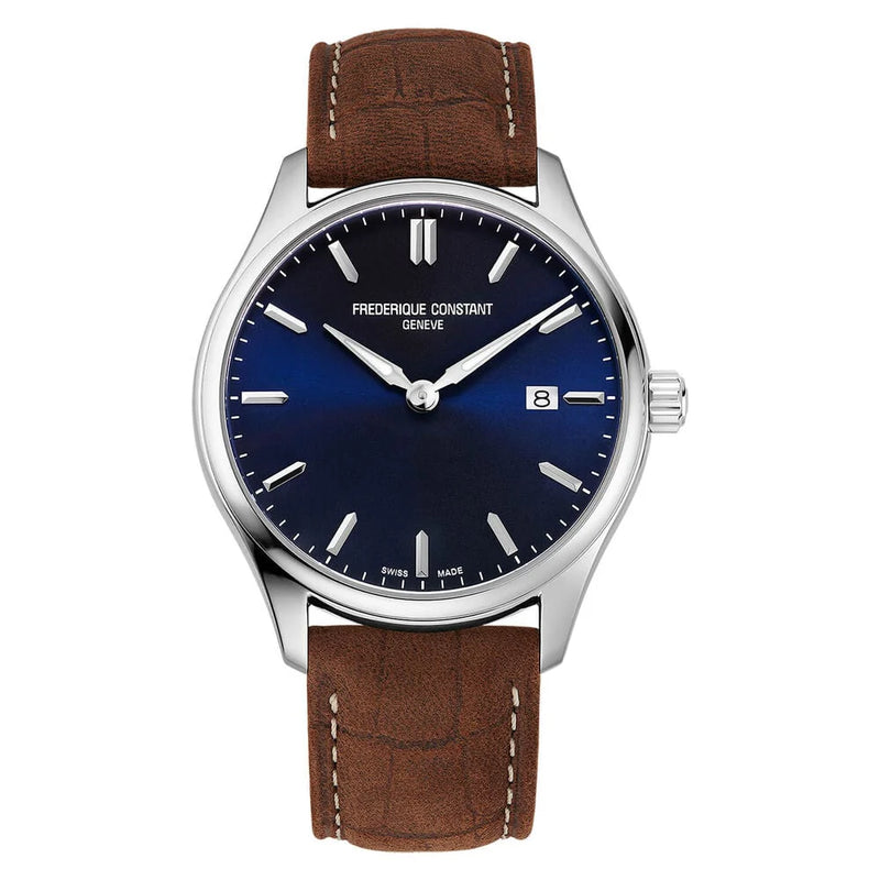 Frederique Constant Classics Quartz brown leather strap bracelet blue dial Watch