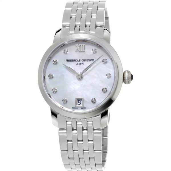 Frederique Constant Classic Slimline Ladies steel silver bracelet mother of pearl face cz diamond stones Watch