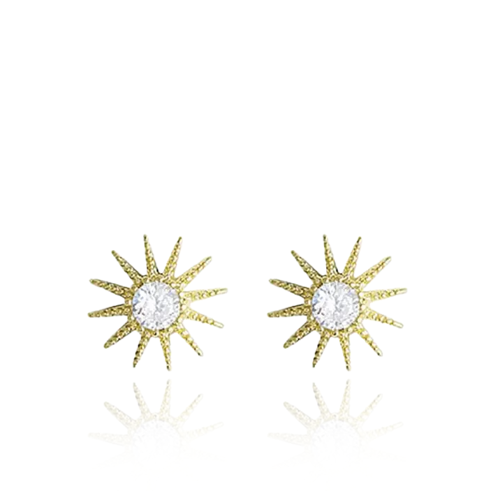 yellow gold sun star studs earrings with cz cubic zirconia stones