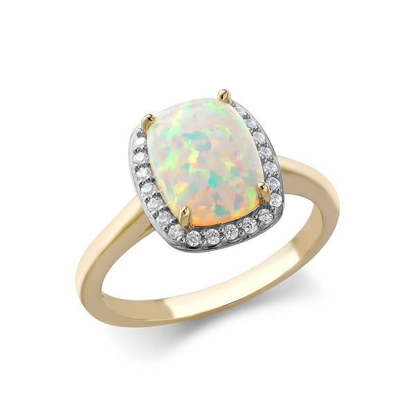 9CT YELLOW GOLD CZ AND OPAL OPEN-CATHEDRAL HALO RING