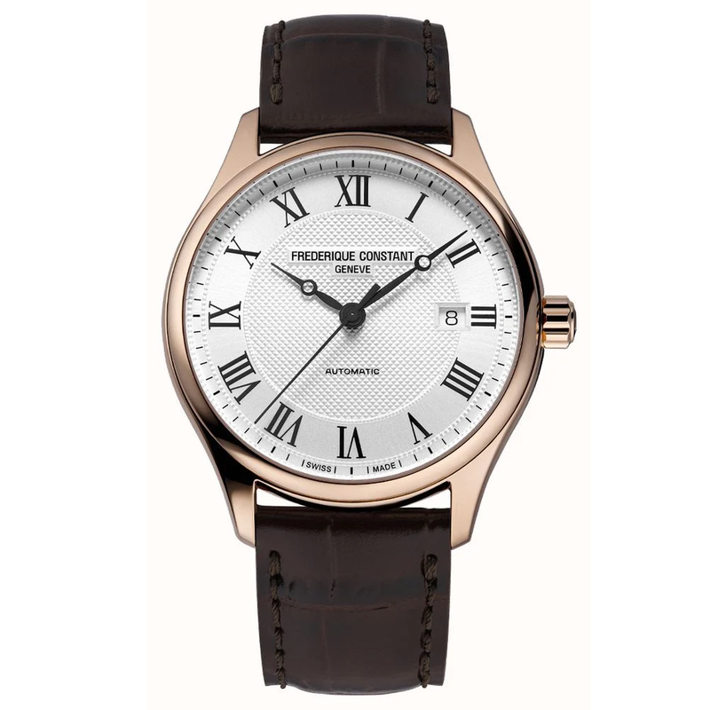 Frederique Constant Manufacture Classic Automatic black leather strap bracelet rose gold case white dial black numerals Watch