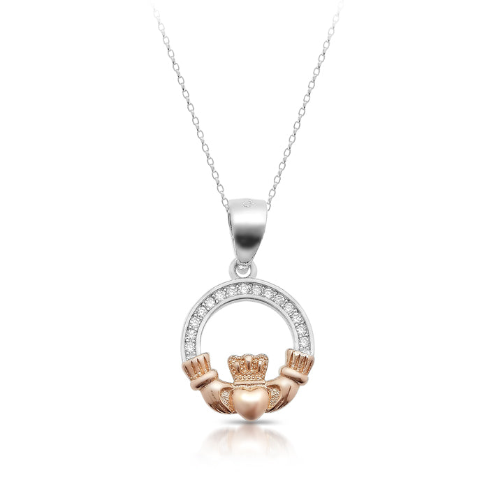 two tone sterling silver rose gold claddagh cz cubic zirconia stones pendant necklace