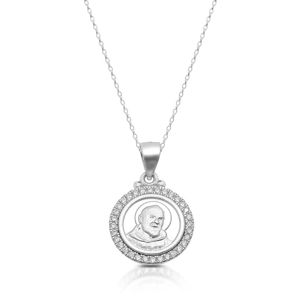 sterling silver padre pio medal pendant with cz cubic zirconia stones necklace