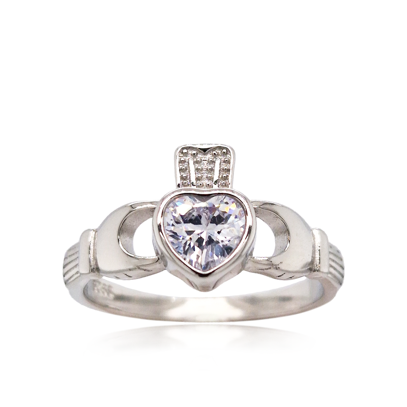 Silver Claddagh White CZ Ring