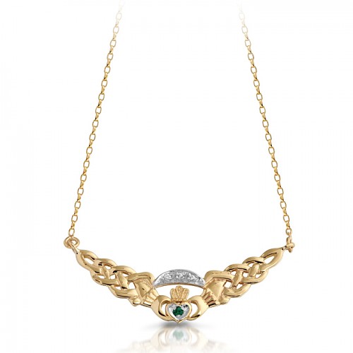 9K Gold CZ Claddagh Necklace combined with Celtic design