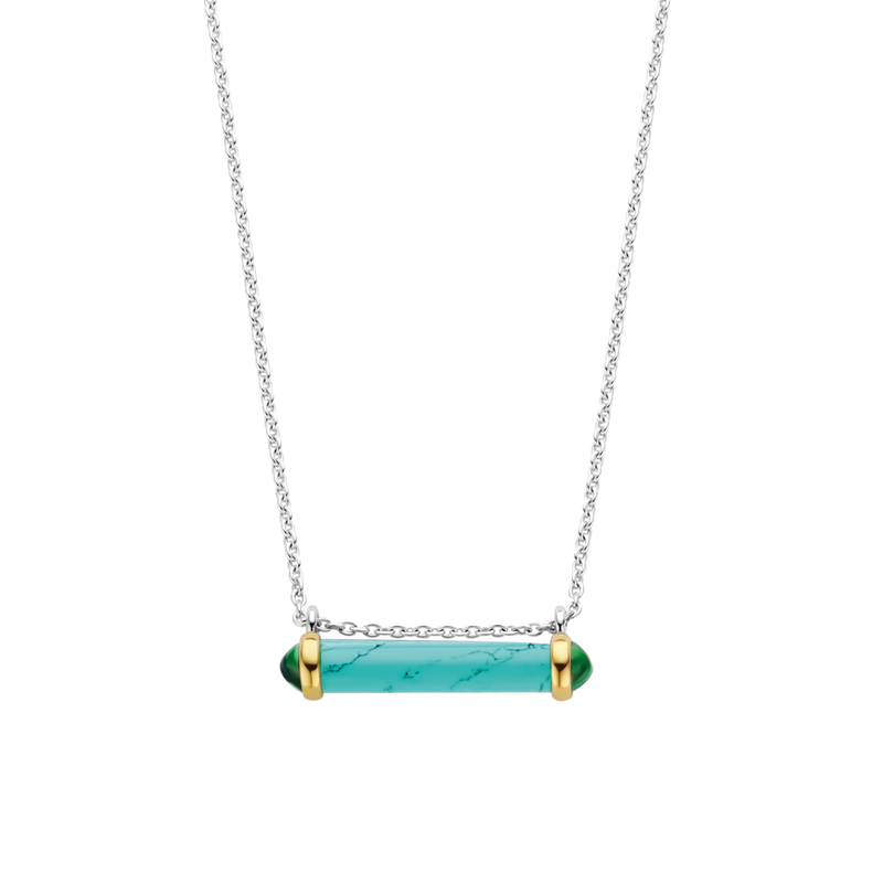 Ti Sento Sterling silver and rose gold plated necklace with a turquoise colour tube shaped pendant.  adjustable length  38cm-48cm