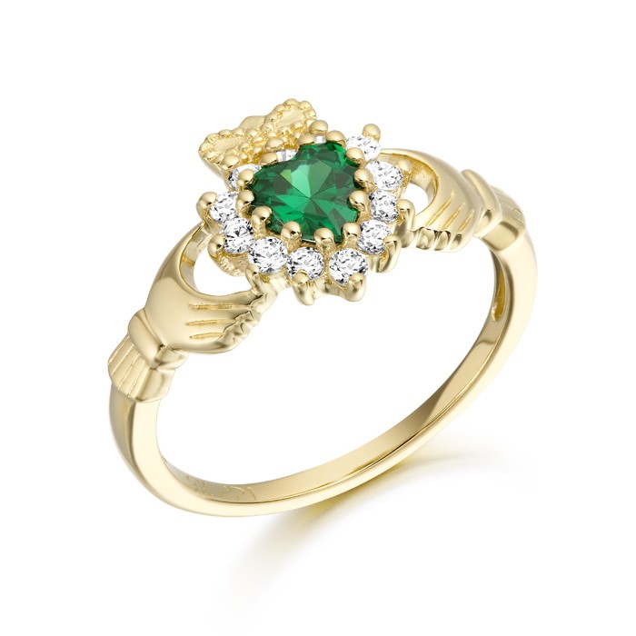 Yellow Gold CZ & Emerald Claddagh Ring