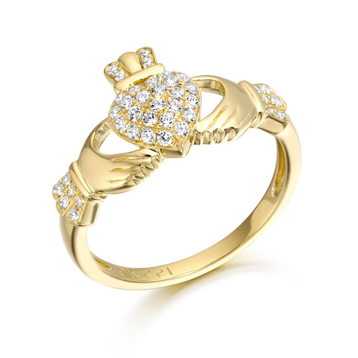 Yellow Gold CZ Heart Claddagh Ring