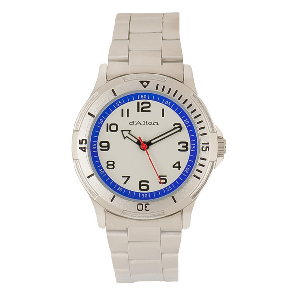 Kids - Silver - Steel - Watch - Round - White - and - Blue -Face 