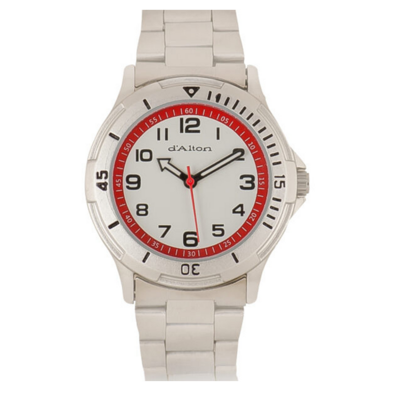 Kids Silver Steel Watch, Round White and Red Face