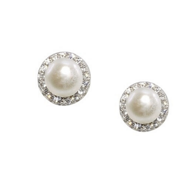 First Communion Pearl and CZ Stud Earrings