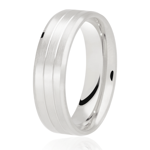 Gents Flat Court Palladium 6mm wedding band features 3 engraved Matt finished lines and polished bevelled edges