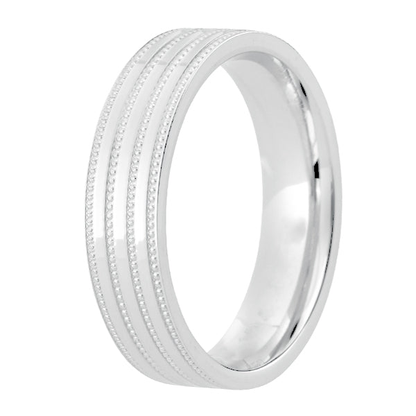 5mm Gents Polished Flat Court Wedding Band with four parallel Milgrain Beaded lines following the contours of the band.