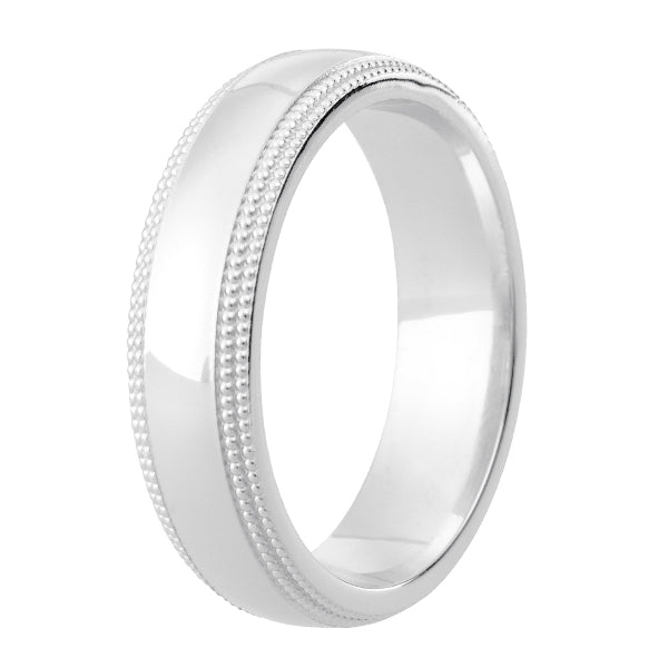 Gents Traditional Court wedding band has a polished centre and a double row Milgrain beaded edge wedding band.  