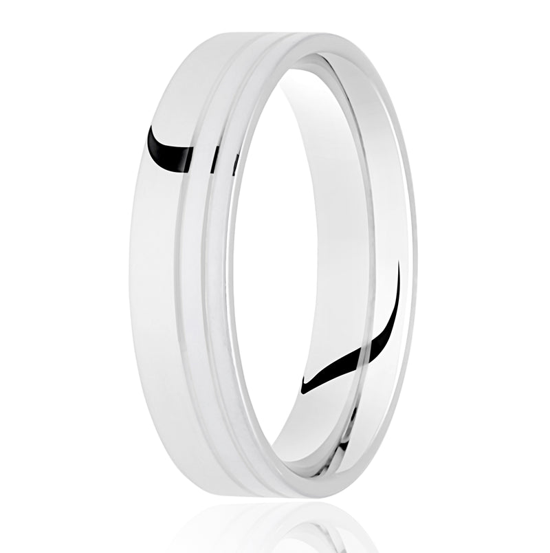 Gents SIlver Flat Court Shaped, Polished with brushed effect dividing line wedding band