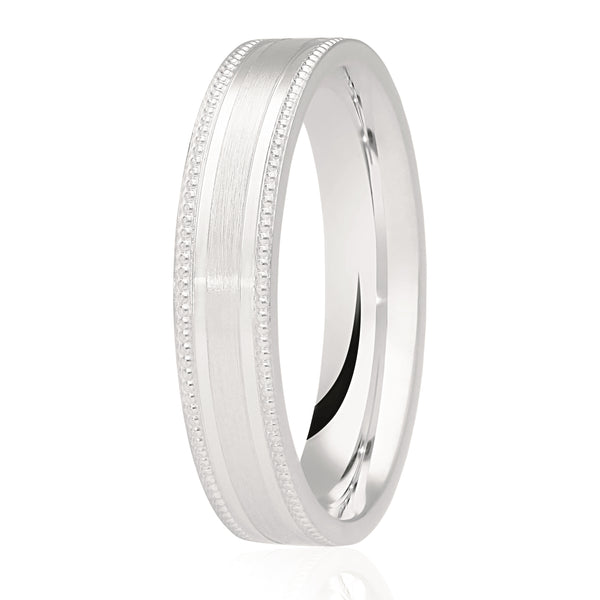 9ct White Gold Flat Shaped Gents Wedding Band with a Satin Finish and Milgrain beaded edge.