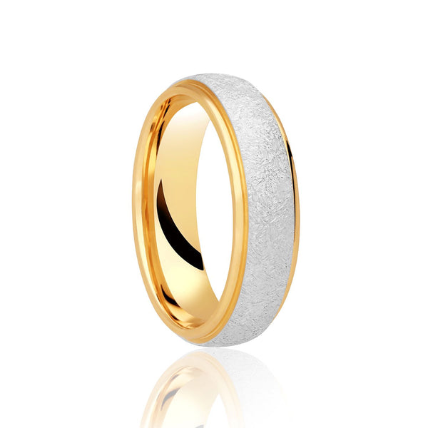 Gents 5mm Two Tone wedding band with white gold frosted style finish on the centre and yellow gold polished rim