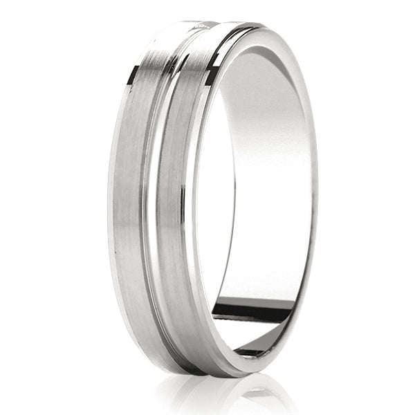 Gents 9ct White Gold Flat Shaped Wedding Band with a Satin and Polished Stripe finish