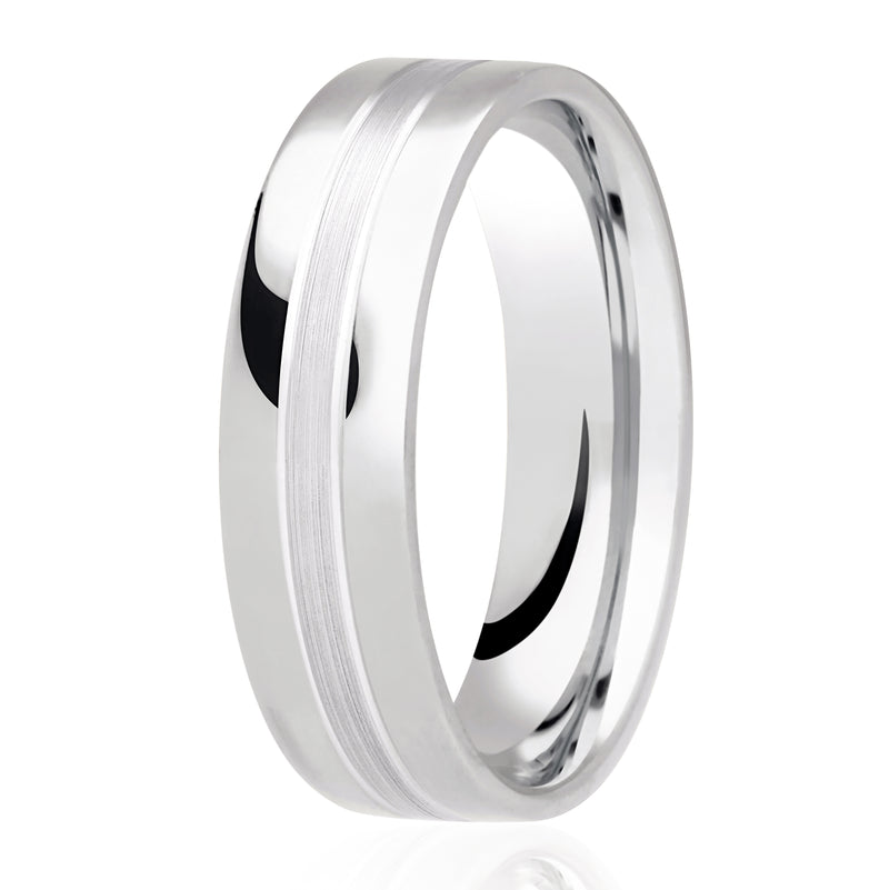 Gents Flat Court 9ct White Gold 6mm with polished edges and matt centre wedding band
