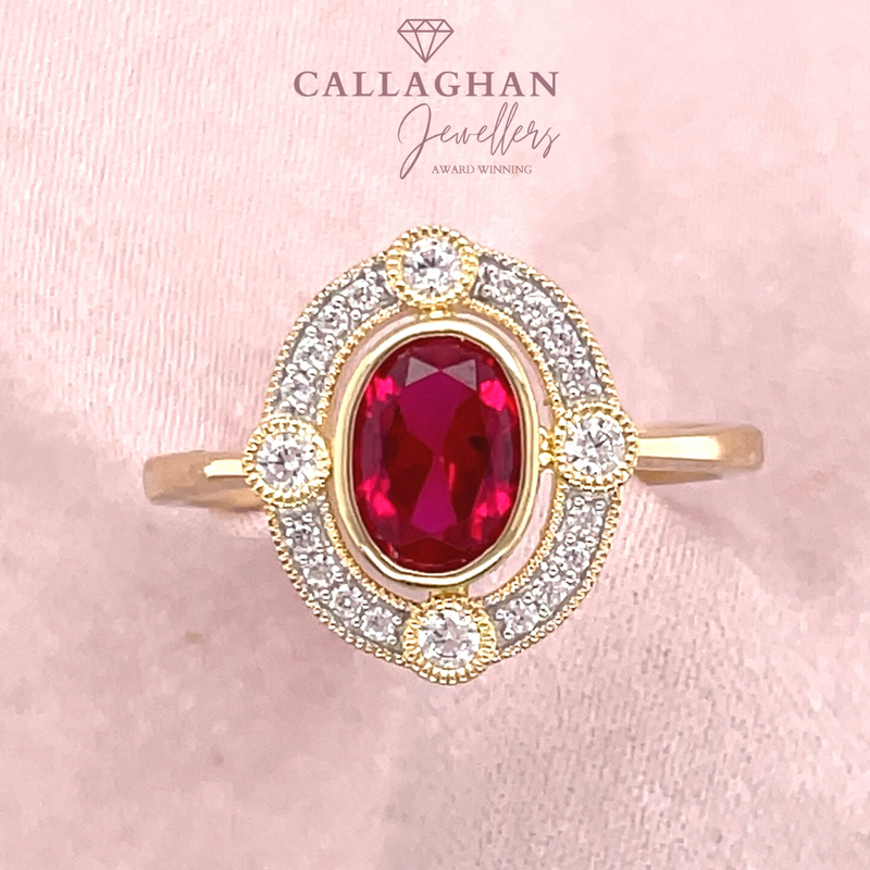 9ct YELLOW GOLD RUBY & CZ RING