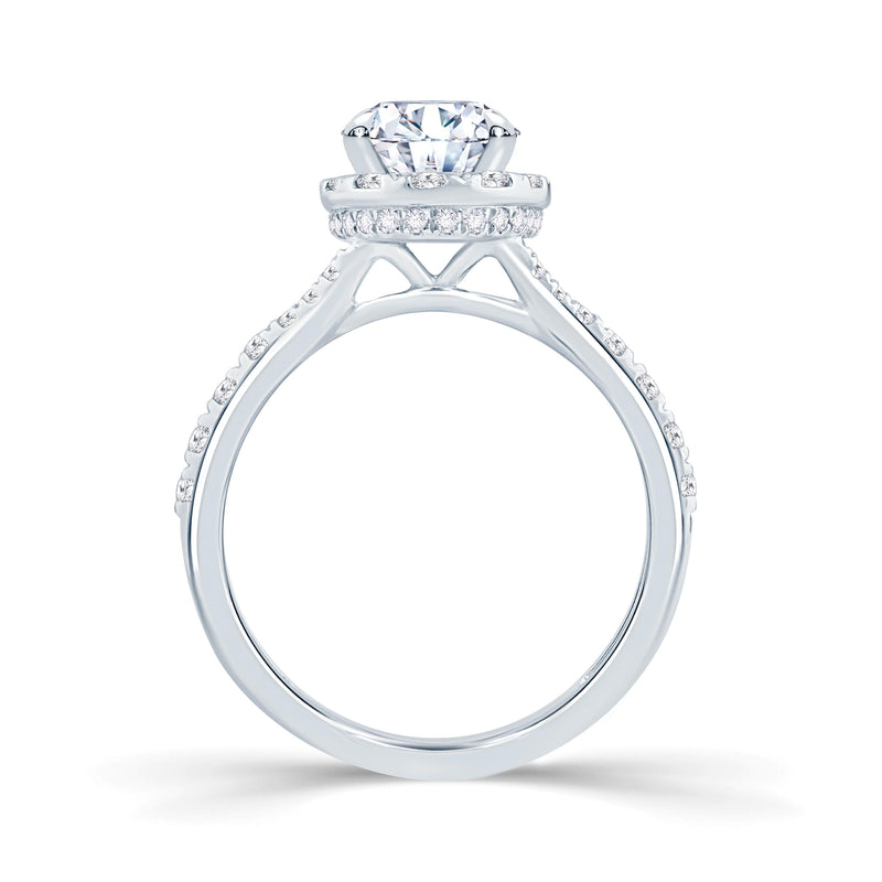 Platinum Oval Cut, Hidden Halo & Diamond Set Shoulders Engagement Ring Side View