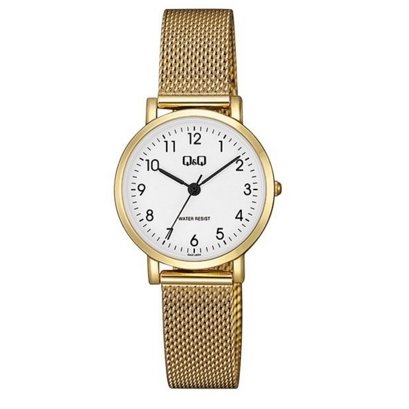 Ladies - Q&Q - Round - White Face - Clear Digits- Gold Plated - Mesh Strap