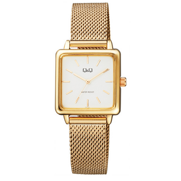 Ladies- Q&Q- Gold - Plated - Square - Face - With - Mesh -Bracelet - Strap