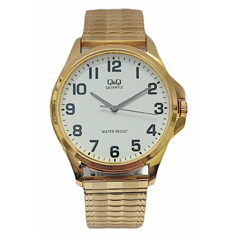 GENTS - Q & Q - WATCH - GOLD - PLATED - EXPANDABLE STRAP - ROUND - WHITE FACE- WITH - CLEAR BLACK - DIGITS 