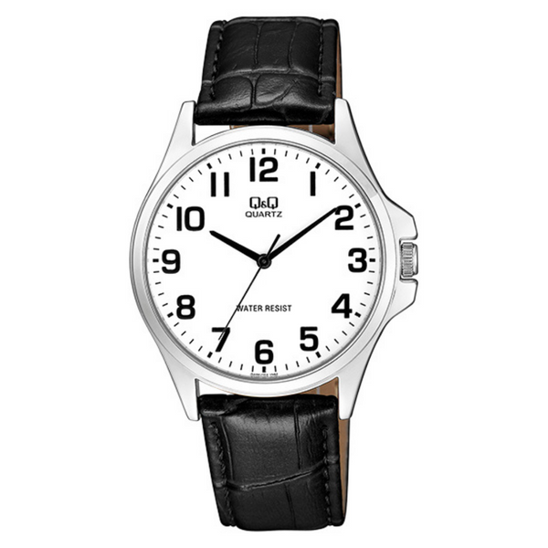 Q&Q - GENTS - WATCH - SILVER - AND - BLACK - LEATHER - STRAP - ROUND - WHITE - FACE - LARGE - CLEAR - BLACK - DIGITS