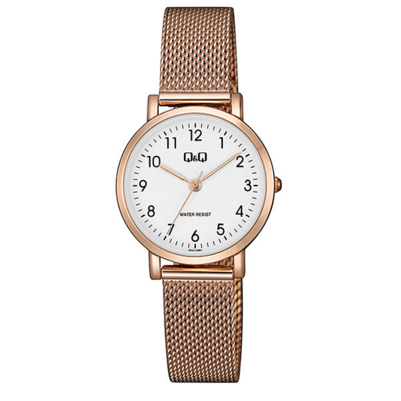 LADIES - Q&Q - WATCH - ROSE GOLD - MESH -STRAP - ROUND - WHITE - FACE - LARGE - BLACK - CLEAR - NUMBERS