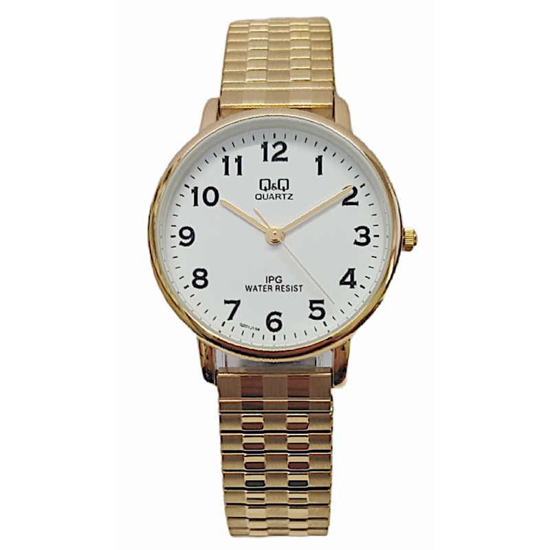 Q&Q - LADIES - WATCH - GOLD - PLATED - EXPANDABLE - STRAP - ROUND - WHITE - FACE - CLEAR - NUMBER - DIGITS