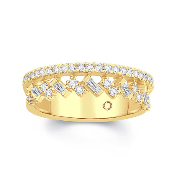 2 Row 18ct Yellow Gold Band with Round Brilliant and Baguette Diamonds.  Total Diamond Weight .50ct. 65% Spread