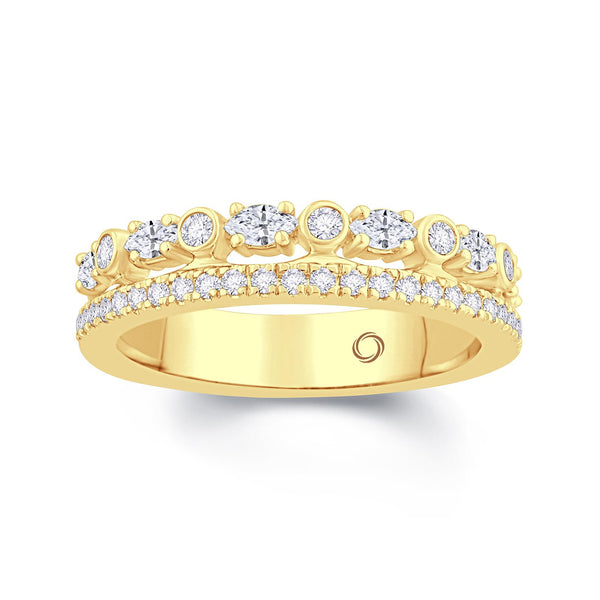 2 Row 18ct Yellow Gold Band with Round Brilliant and Marquise Diamonds.  Total Diamond Weight .70ct. 65% Spread