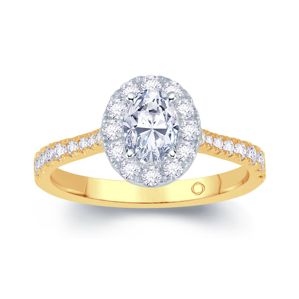 18CT - YELLOW - GOLD - OVAL - CUT - DIAMOND - HALO - AND - DIAMOND  - SET - SHOULDERS - ENGAGEMENT RING