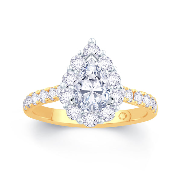 18ct - YELLOW - GOLD - PEAR - CUT - DIAMOND - HALO - DIAMOND SET SHOULDERS - ENGAGEMENT - RING - WITH - A TOTAL 0F 1.25CT WEIGHT