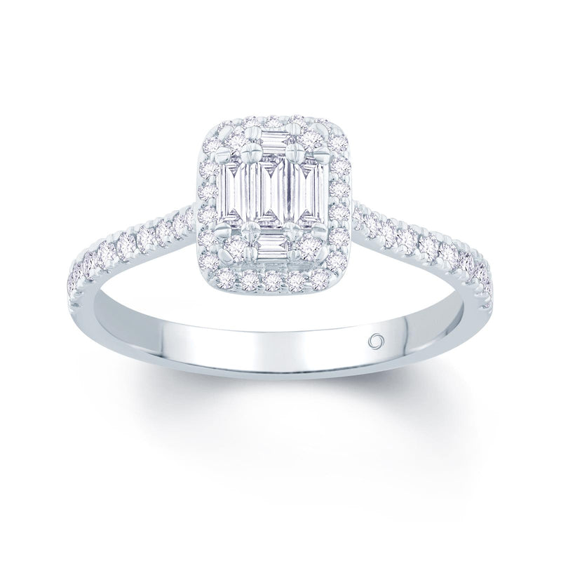 Platinum- Emerald - and - Baguette - cluster - diamond - halo - diamond - shoulders - engagement - ring