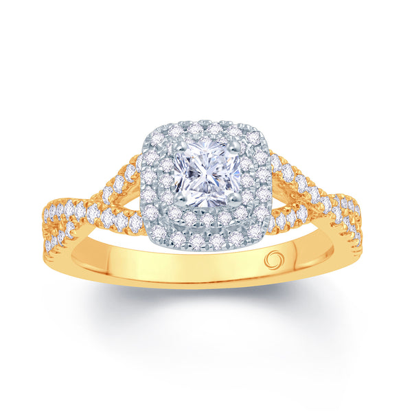18ct Yellow Gold Cushion Cut Engagement Ring with Split Diamond Set Shoulders