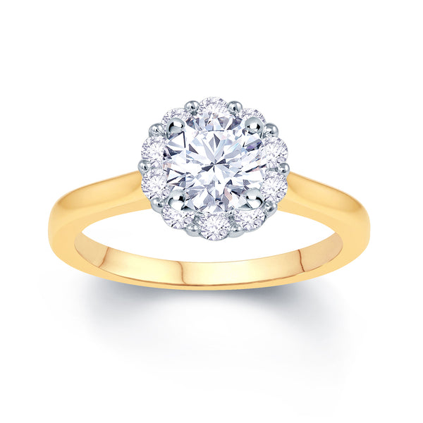 18CT - YELLOW - GOLD - ROUND - BRILLIANT - CUT - DIAMOND - HALO - ENGAGEMENT - RING - HOLDING - A - 0.80CT TOTAL - DIAMOND - WEIGHT