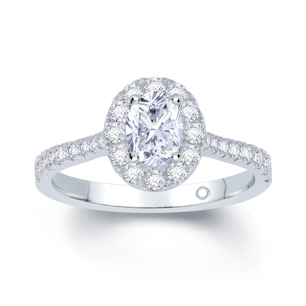Platinum Oval Cut Halo and Diamond Set Shoulders with a 0.68ct Total Diamond Weight