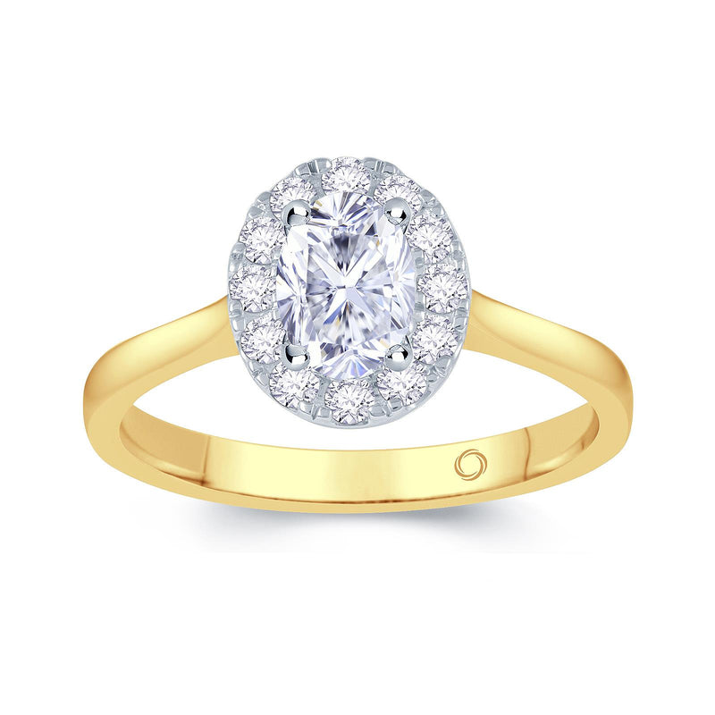 18ct - yellow - gold- plain - band - oval - cut - centre - with - diamond - halo 
