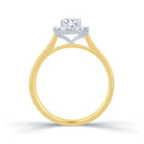 18ct - yellow - gold- plain - band - oval - cut - centre - with - diamond - halo - side - view