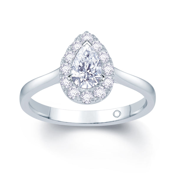 18ct White Gold Pear Shape Halo Plain Band Engagement Ring