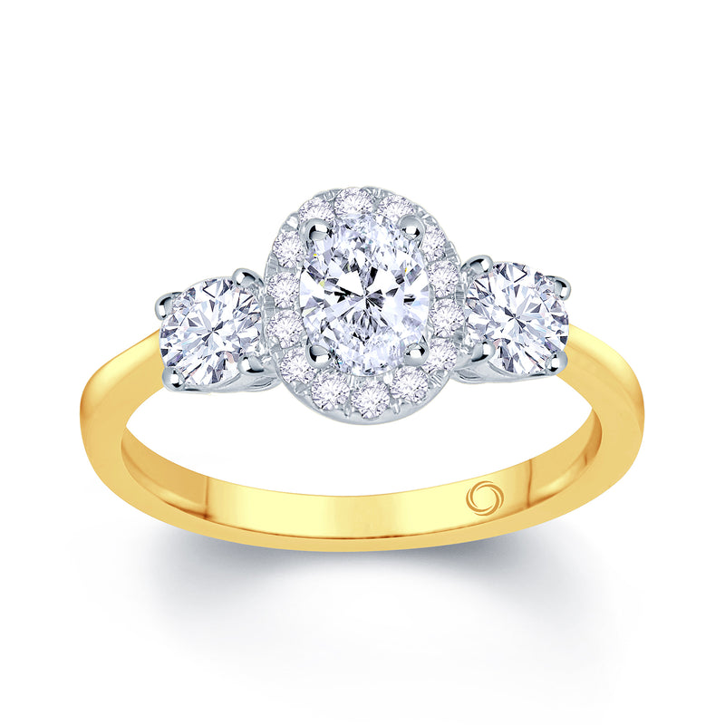 18CT - YELLOW - GOLD OVAL - DIAMOND  - HALO - AND - ROUND BRILLIANT - 3 STONE - ENAGEMENT - RING