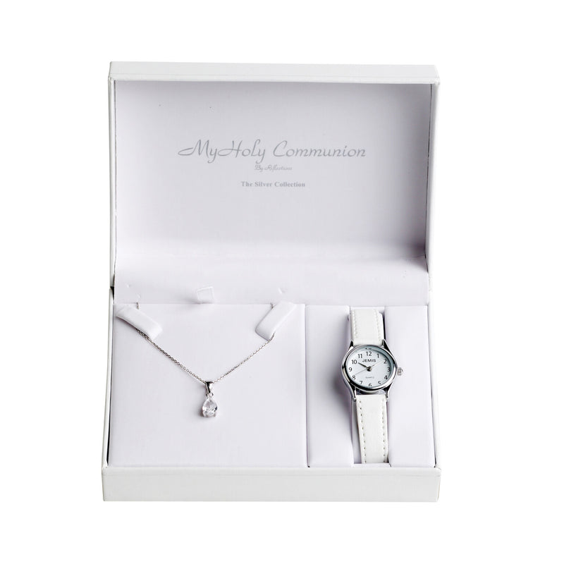 First - Communion - White - Leather - Strap - Watch - And - CZ - Tear - Drop - Pendant - Chain - Set 