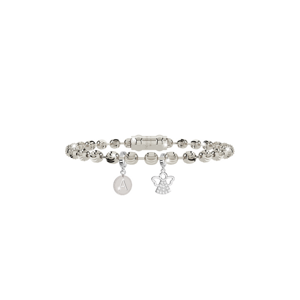 Rebecca Silver Diamond Cut Bracelet Initial and Guardian Angel Set