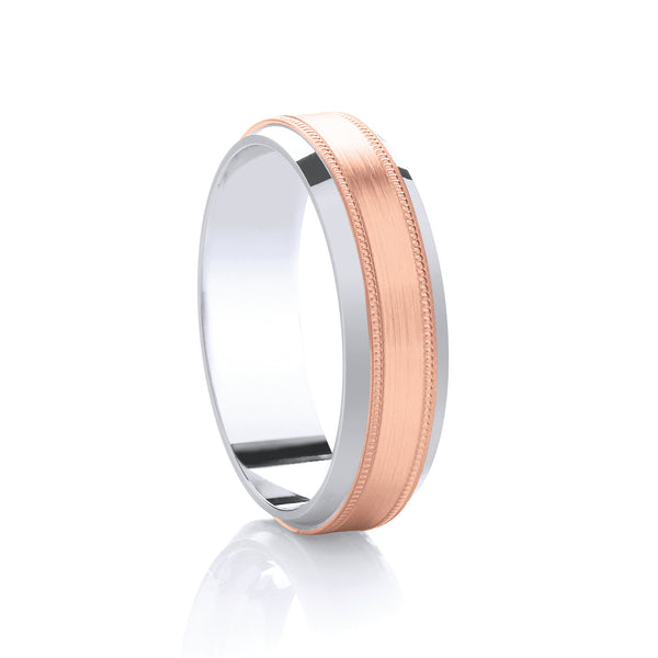 6mm Gents Flat Court Band with a rose gold brushed centre, Milgrain beaded detail and white gold diamond cut bevelled edge.
